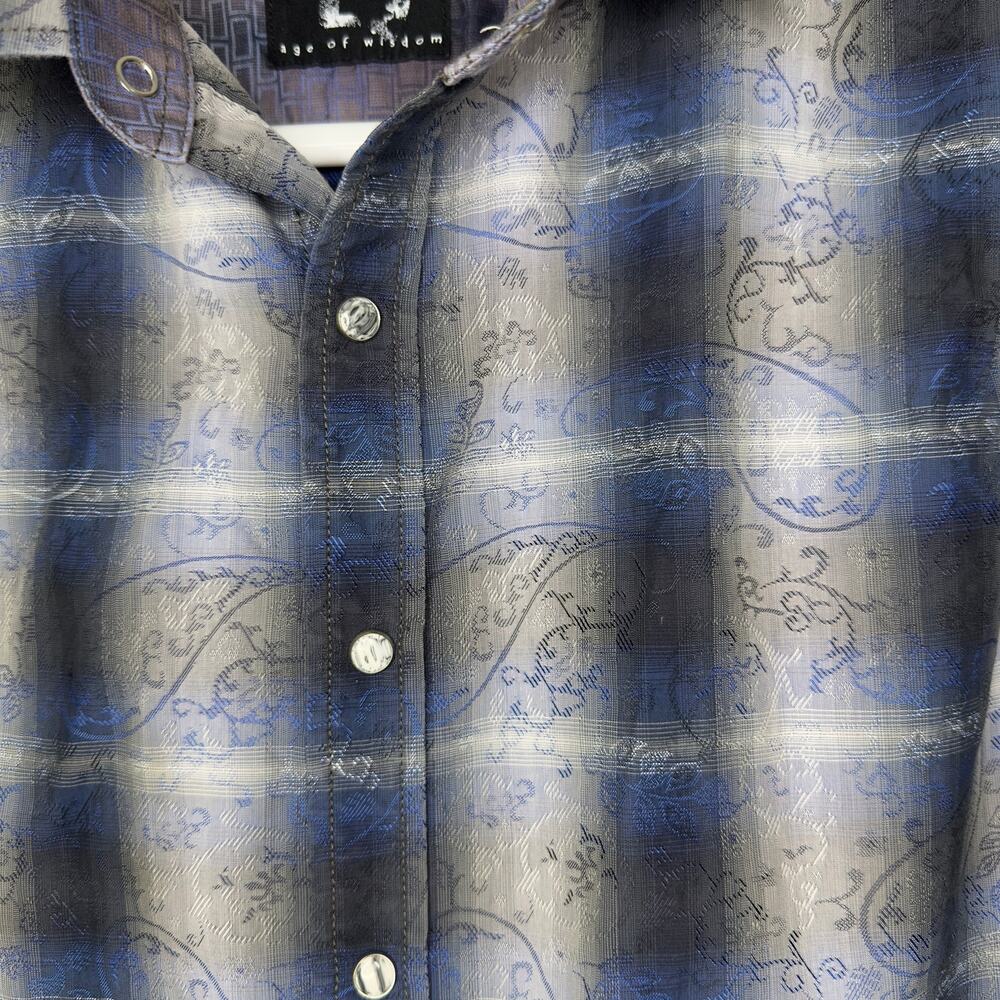 Age of Wisdom Men's Large Pearl Snap‎ Long Sleeve Blue Black Western Cowboy EUC - Picture 3 of 5